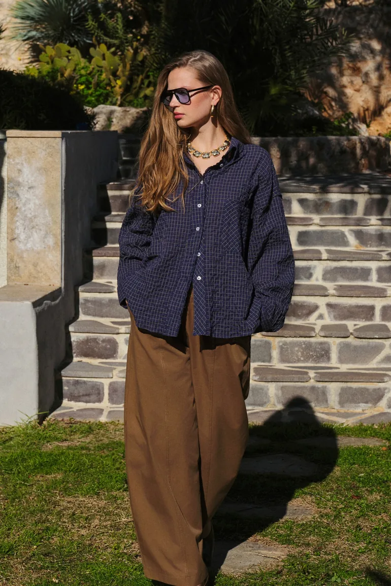 Blue Plaid Checkered Waffle Woven Textured Oversized Shirt - 2