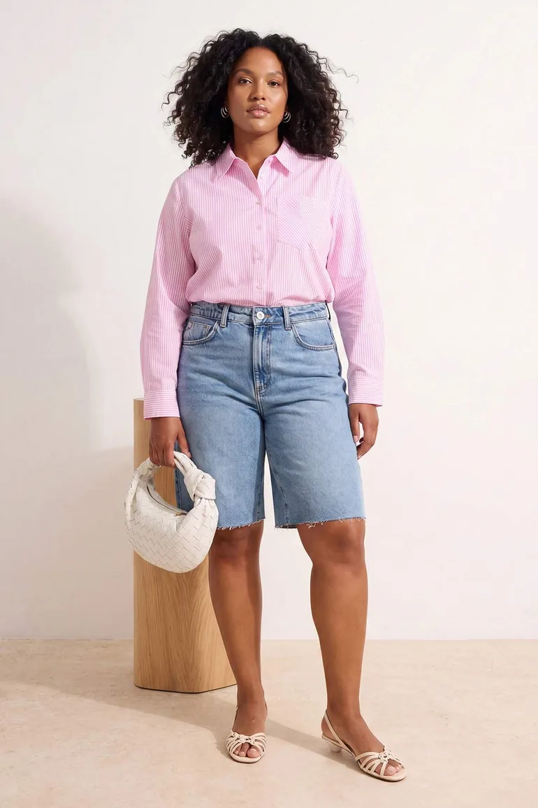 Pink Striped Padded Detailed Plus Size Shirt - 1