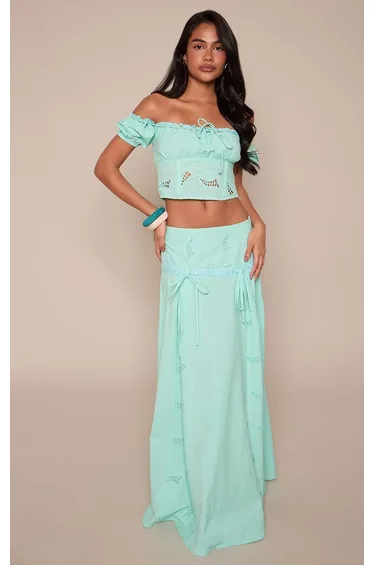 Aqua Blue Embroidered Bow Detail Maxi Skirt Co-ord