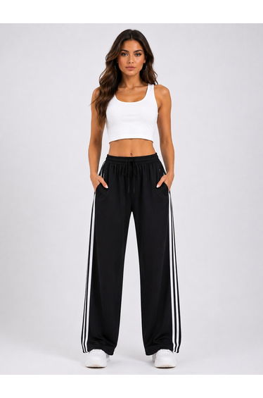 Black Side Stripe Wide Leg Joggers