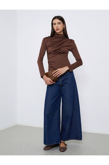 Brown High Neck Ruching Detail Long Sleeve Top