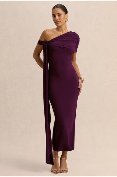 Praia | Burgundy Asymmetric-Neck Midi Dress With Sash and Draped Detailing