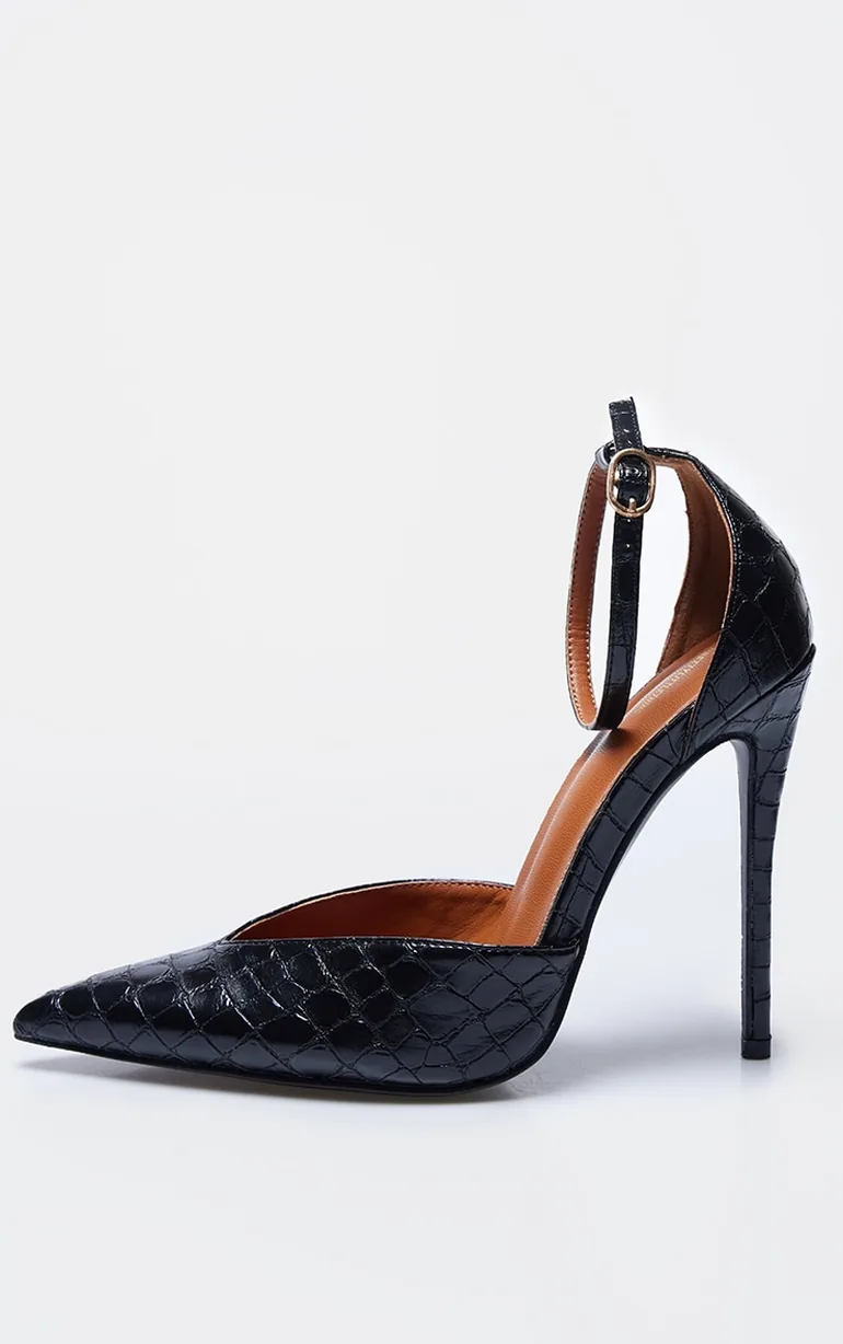 PLT Label Black Croc Faux Leather Point Toe High Heeled Court Shoes - 2