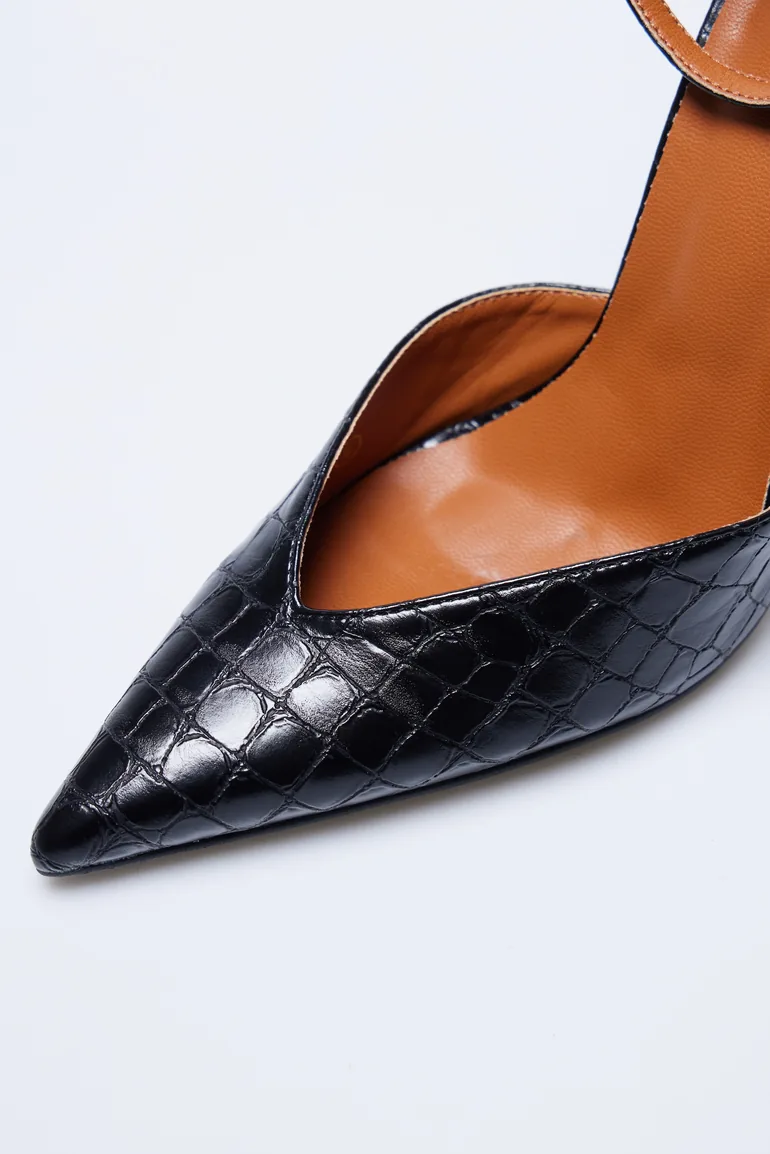 PLT Label Black Croc Faux Leather Point Toe High Heeled Court Shoes - 3