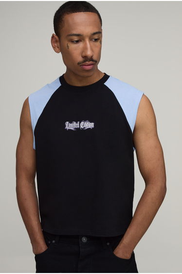 Regular Shrunken Raglan Slogan Print Tank - black