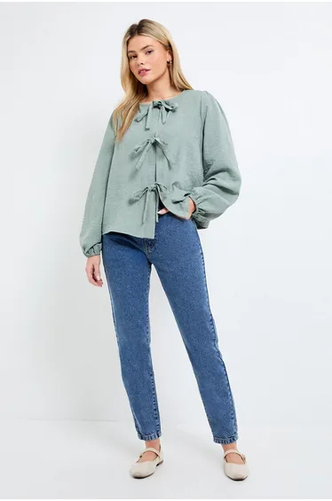 Tie Front Blouson Sleeve Blouse