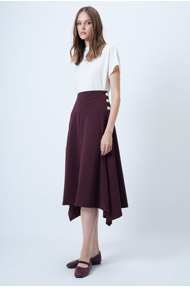 Women's burgundy midi skirt with gold button detail