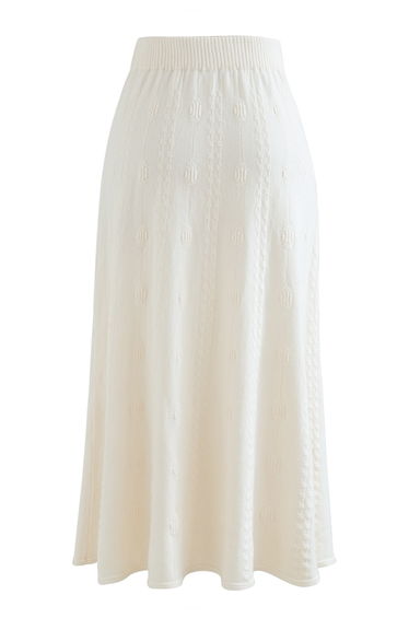 Embossed Chain A-Line Knit Skirt in Ivory