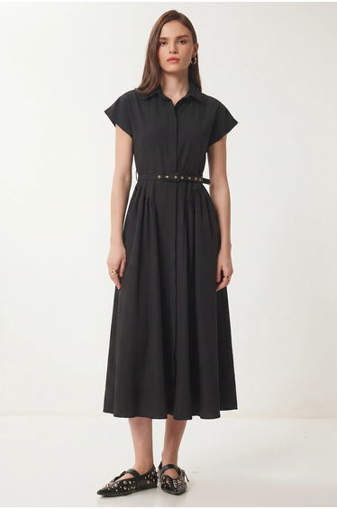ISTANBUL Belted Poplin Shirt Midi Dress