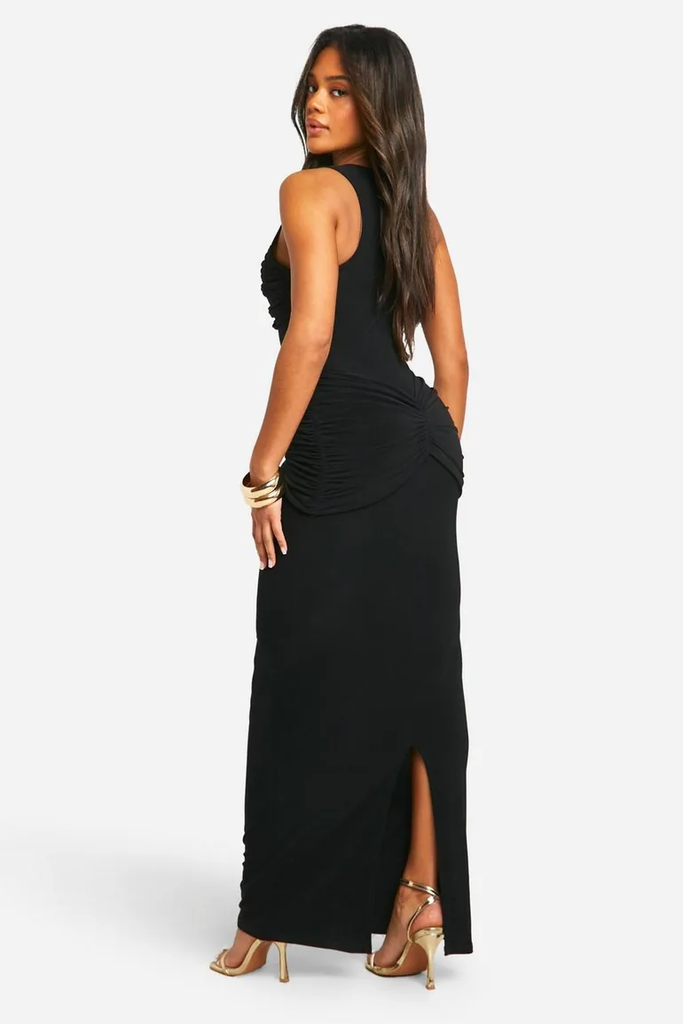ruched twist detail racer neck maxi dress boohoo Women's Ruched Twist Detail Racer Neck Maxi Dress - Black