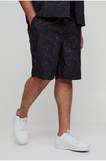 Plus Relaxed Fit Printed Crinkle Shorts - black