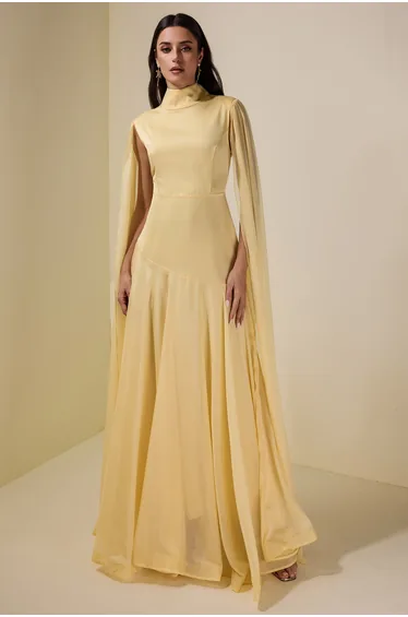 Chiffon Cape Sleeve Stand Collar Maxi Dress