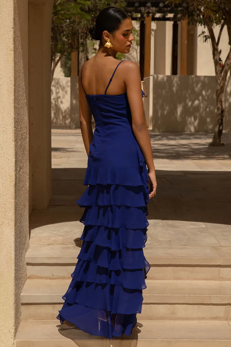 Marlee | Blue Chiffon Plunge-Neck High-Low Maxi Dress Club L London Navy :  Premium Dresses : VogaCloset Libya