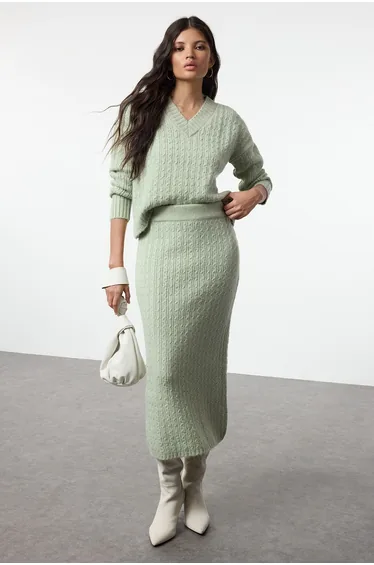 Mint Wool Hair Knitted Knitwear Top-Top Set