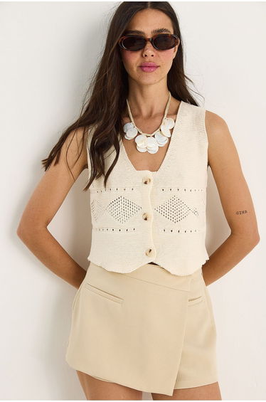 LUCCI Textured V-Neck Button Closure Crop Sweater Vest