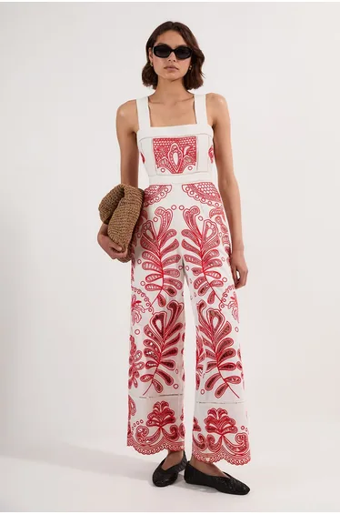 Cutwork Embroidered Wide Leg Woven Jumpsuit