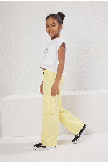 Yellow Girl Child 100% Cotton Pocket Detailed Wide Leg Denim Trousers