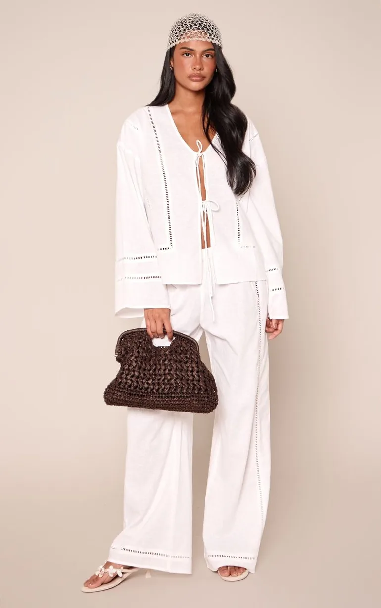 White Linen Cut Out Detail Shirt Co-ord