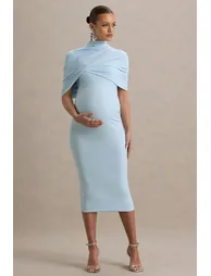Augustina | Powder Blue Maternity Midi Dress With Mesh Cape - 4