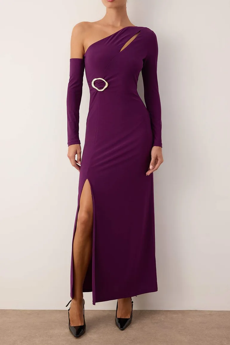 Plum cut out and accessory detailed knitted maxi evening & graduation dress - 2