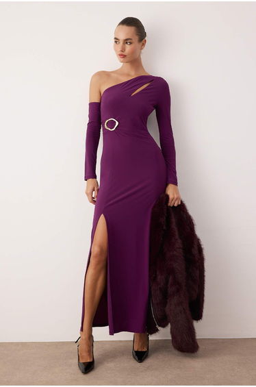 Plum cut out and accessory detailed knitted maxi evening & graduation dress