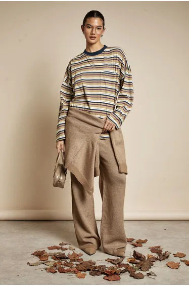 Striped Cotton Pocket Front Long Sleeve Top - multi