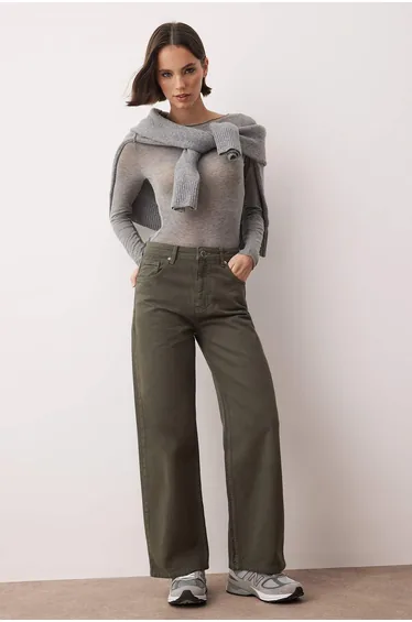 Khaki high waist ankle length culotte 100% cotton jeans