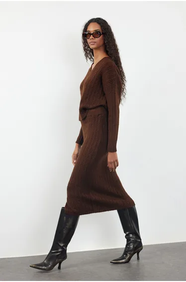 Brown Wool Knitted Knitwear Top-Top Set