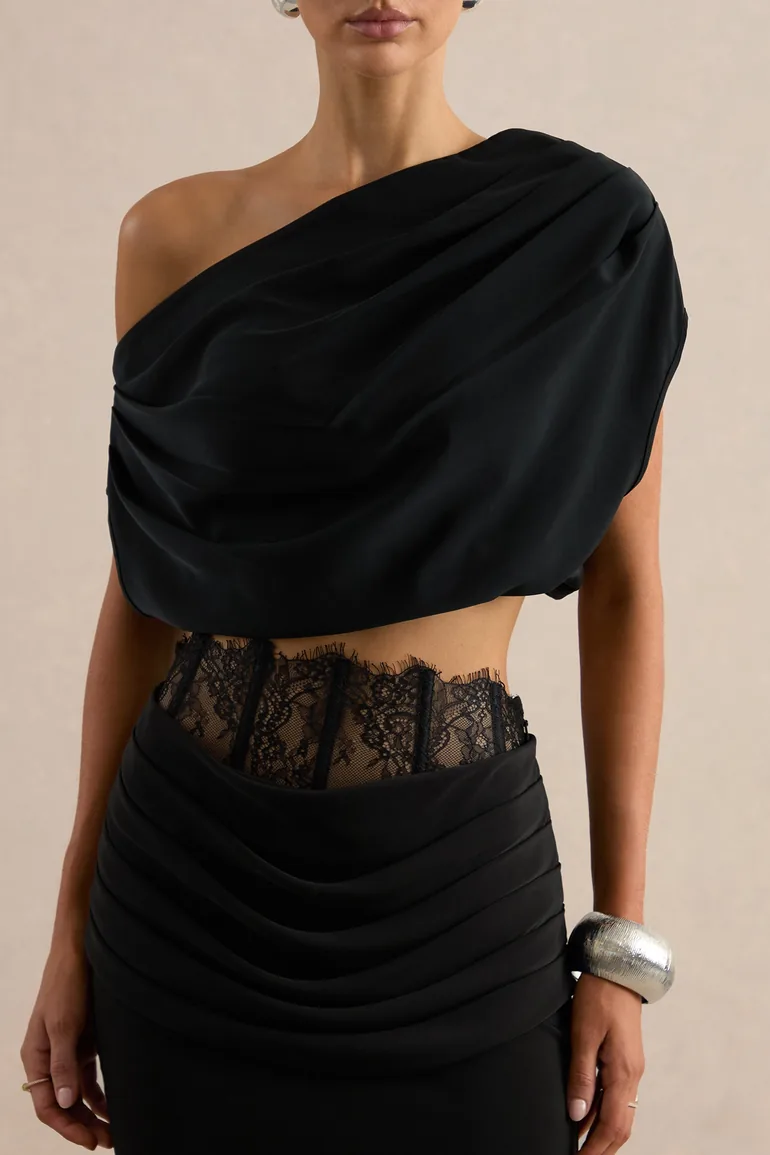 Yaselle | Black Satin Asymmetric-Neck Crop-Top - 4