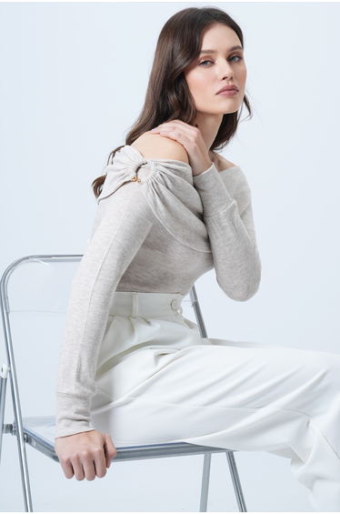 Women's Beige Madonna Collar Shoulder Detail Knitted Blouse