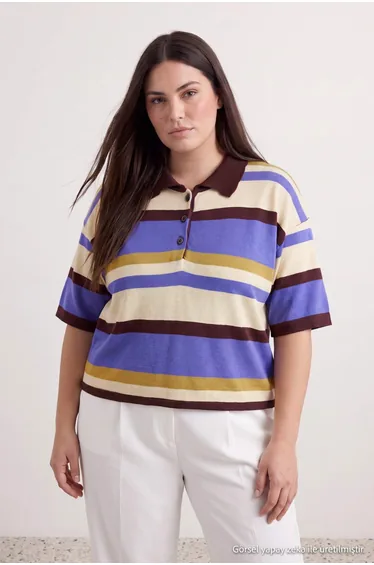 Multi-Colored Polo Collar Striped Seasonal Knitwear Sweater