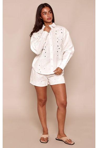 Petite Natural Embroidered Linen Look Flowy Shorts Co-ord