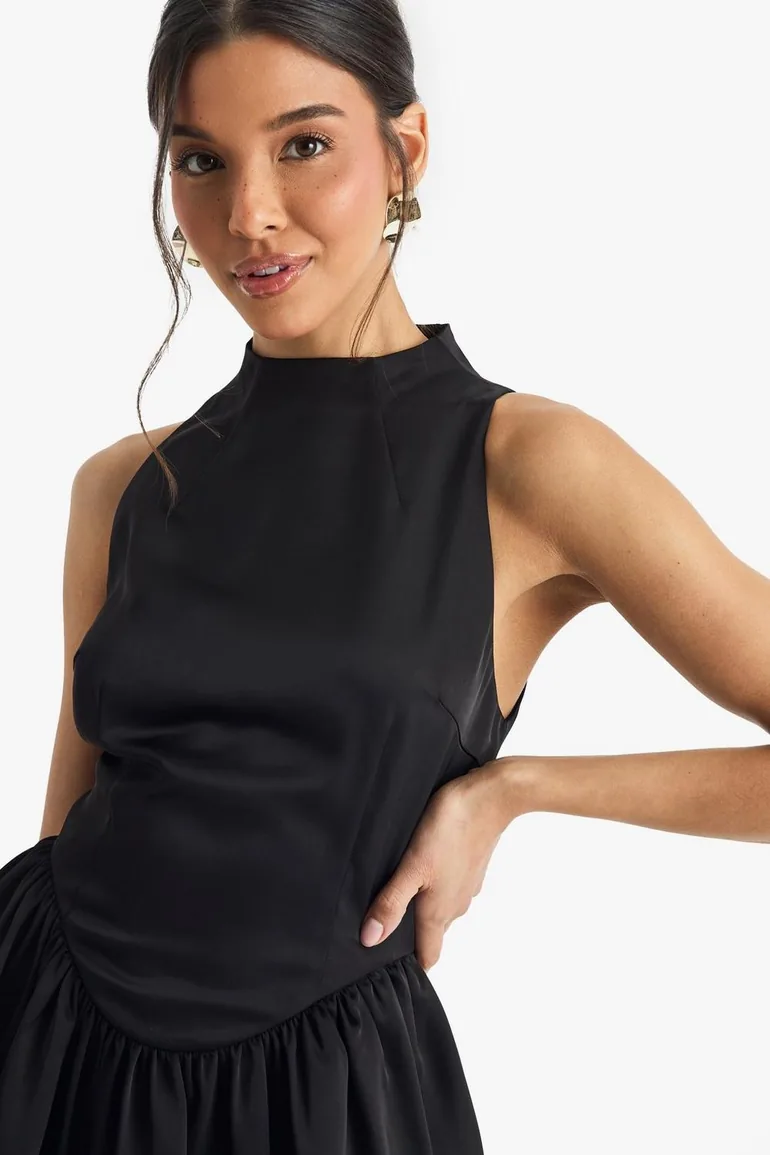 Premium Satin High Neck Volume Mini Dress - 3