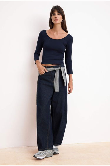 Navy Blue Fitted Pool Neckline Three Quarter Sleeve Interlock Knitted Blouse