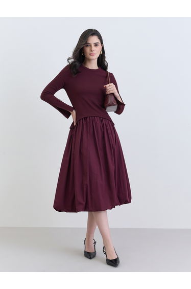 Women Burgundy Long Sleeves A-Line Midi Dress