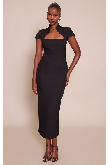 Black Woven Short Sleeve Midaxi Dress