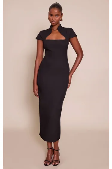 Black Woven Short Sleeve Midaxi Dress