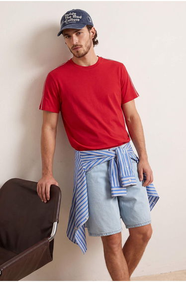 Red Off Shoulder Regular Fit Stripe Detailed 100% Cotton T-Shirt