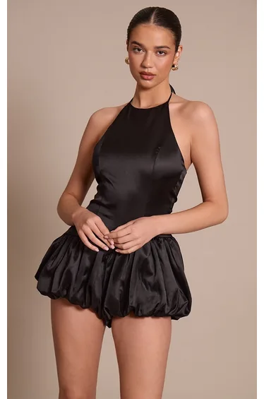 Black Satin Halterneck Puff Ball Playsuit