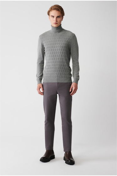 Men's Gray Turtleneck Cotton Patterned Knitwear Sweater