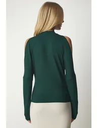 Women's Emerald Green Stand-Up Collar Knitwear Blouse with Decollete - 3