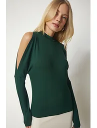 Women's Emerald Green Stand-Up Collar Knitwear Blouse with Decollete - 1