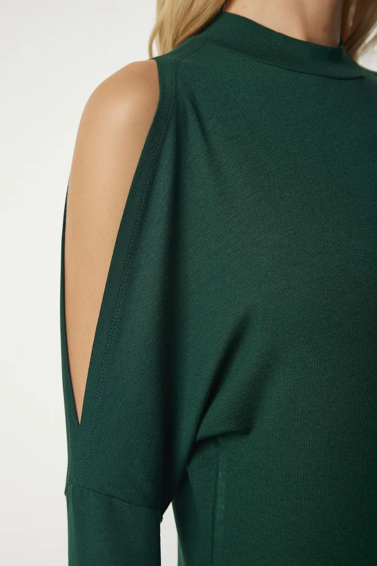 Women's Emerald Green Stand-Up Collar Knitwear Blouse with Decollete - 4