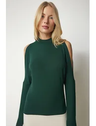 Women's Emerald Green Stand-Up Collar Knitwear Blouse with Decollete