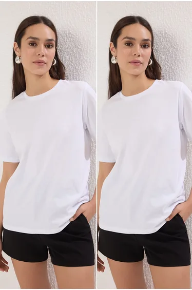 White-White Basic 100% Cotton Crew Neck 2-Pack Knitted T-Shirt