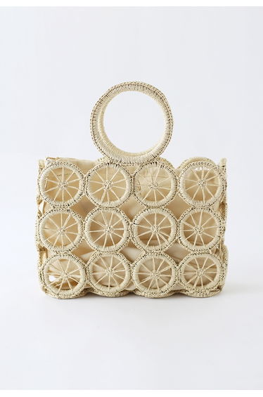 Wheel Shaped Woven Straw Handbag in Cream