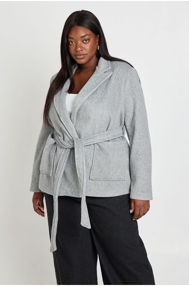 Plus Wool Look Tie Belt Coat - grey marl