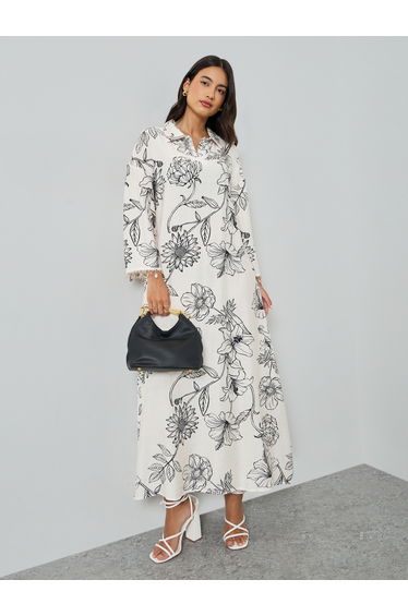 Floral Print Jalabiya with Round Drop Sleeve Trim