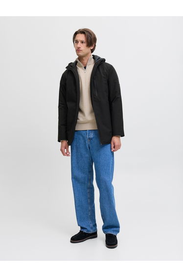 Black Plain Zip-Up Hooded Parka Jacket