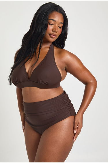 Plus Essentials Plunge Halterneck Bikini Top - chocolate